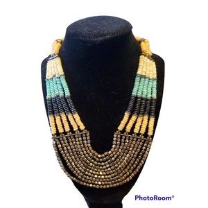 ALDO Bohemian Pink Blue Cream Stone and Black Bead Collar Necklace